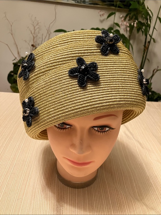 Accessories - Chic Metallic Straw Cloche Hat with Black Beaded Flower Accents